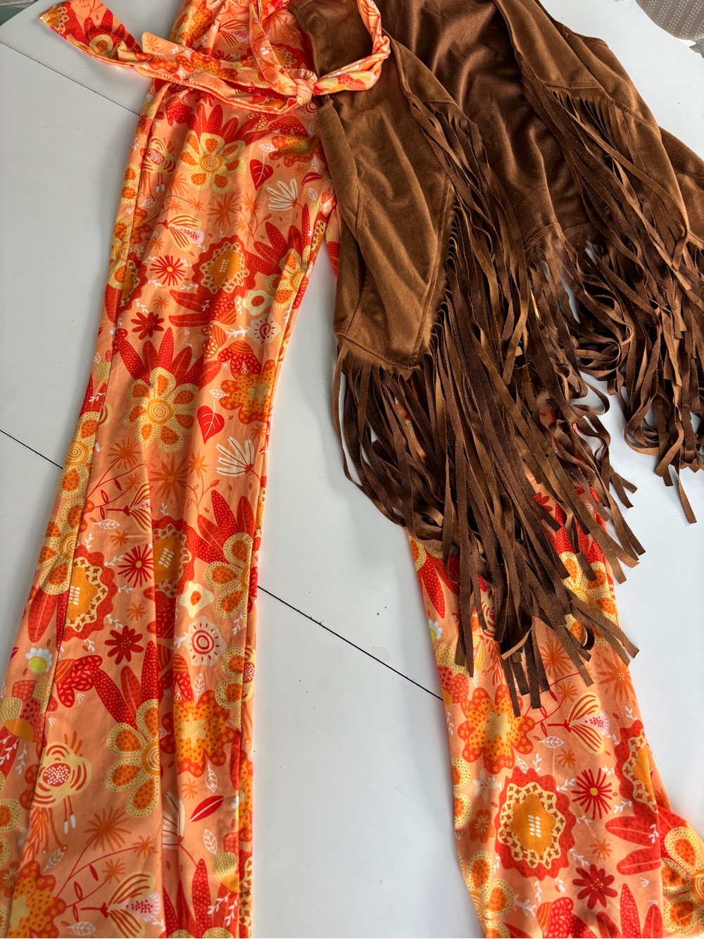 Halloween Hippie 60s costume Brown Suede Fringe vest with Orange pants